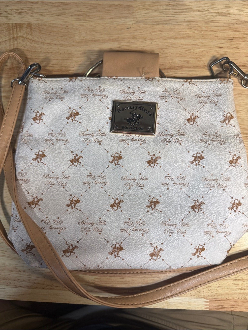 Beverly Hills Polo Club Cream & Tan Logo Print Crossbody Bag